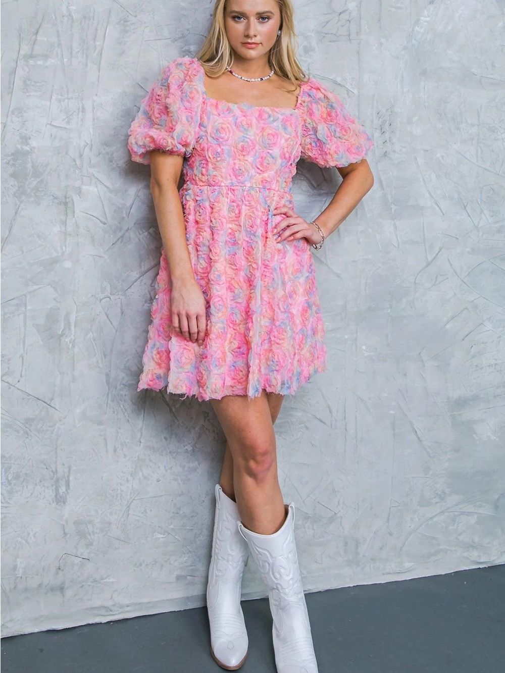 Flying Tomato Pastel Pink Puff-Sleeve Rosette Mini Dress WORN ONCE